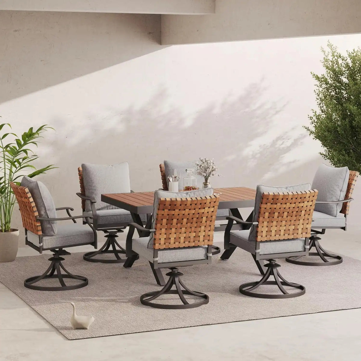 Grand patio 7-Pc Outdoor Swivel Dining Set, 6 Gray Chairs + Table, Brown
