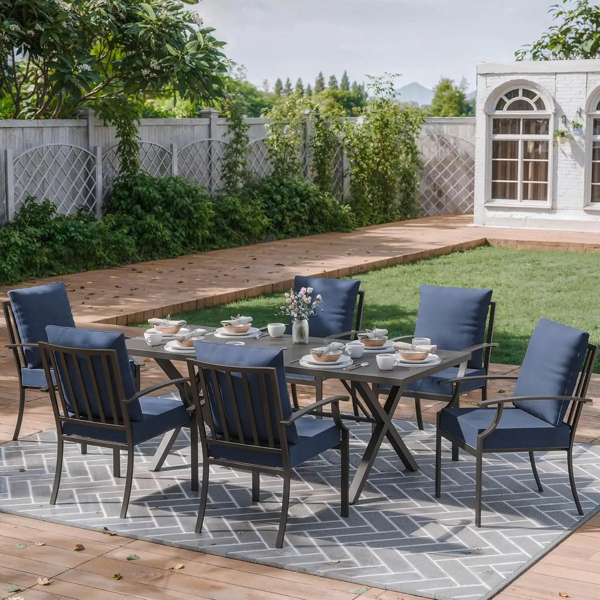 ALAULM 7-Piece Patio Dining Table and Chairs Outdoor Dining Set for 6 Patio Dining Sets with Rectangular Metal Table with Umbrella Hole for Patio, Backyard, Garden-DarkBlue