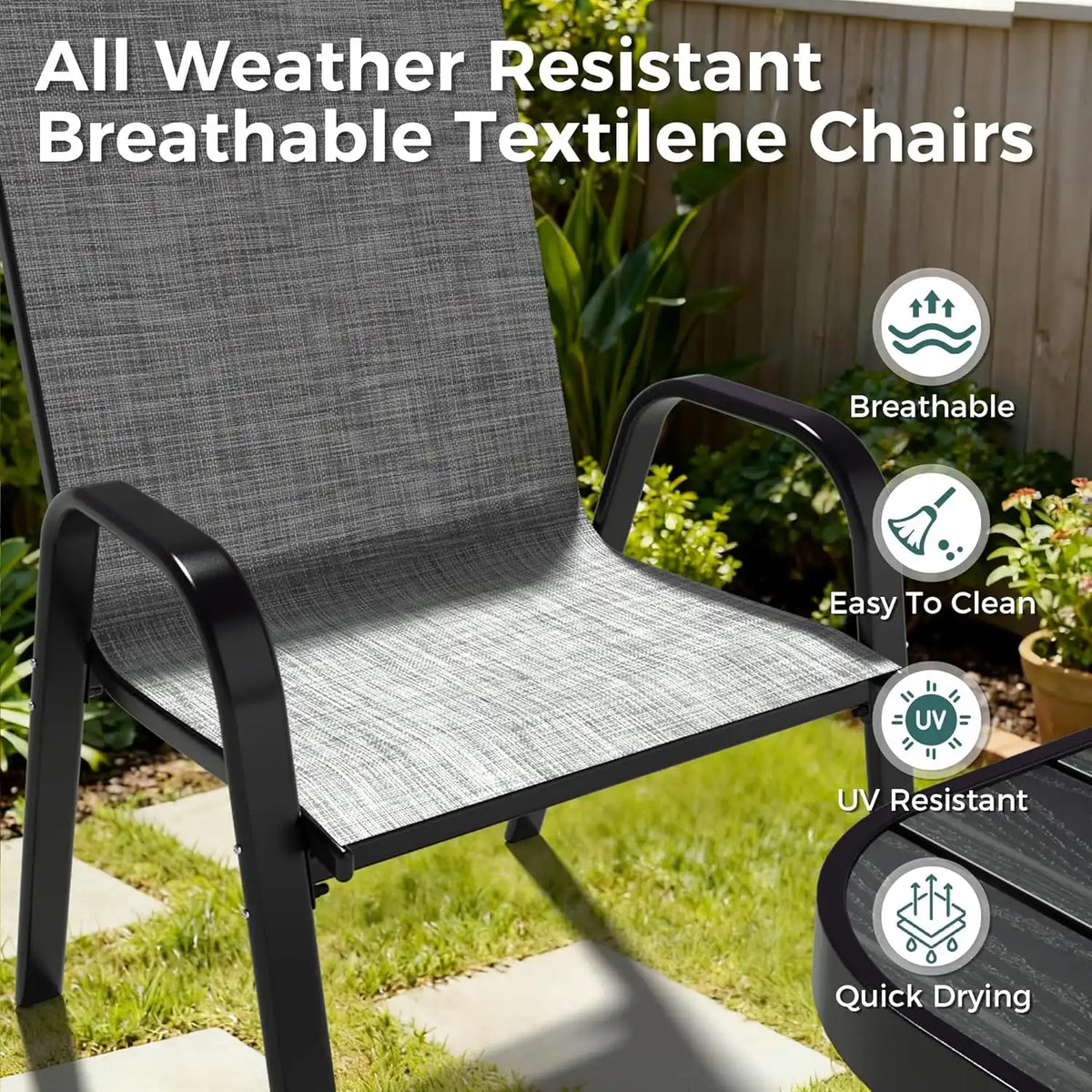 Pamapic Outdoor Dining Sets for 6 with 2 304 SS Ice Buckets, Rectangular Steel Slat Table with Textilene Chairs, 7 Piece Patio Table and Chairs Set with Umbrella Hole for Patio, Backyard (Grey)