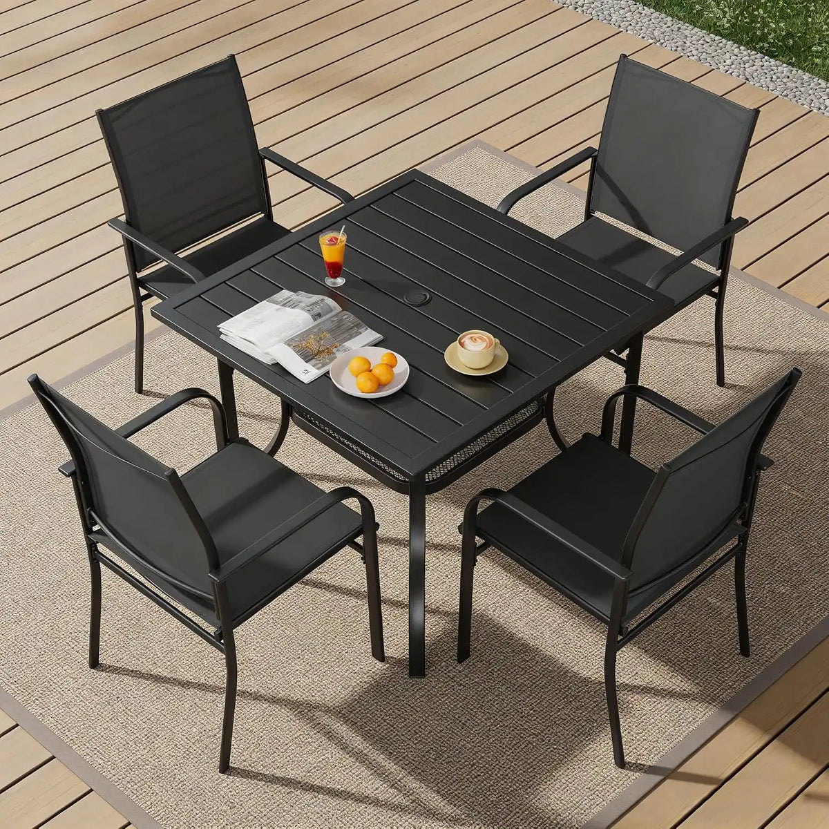 SUNCROWN 5 Pieces Outdoor Dining Set, Patio Furniture Set with 4 x Textilene Dinning Chairs and 1 Steel Slat Metal Bistro Table for Lawn Garden Backyard Poolside Deck, Black