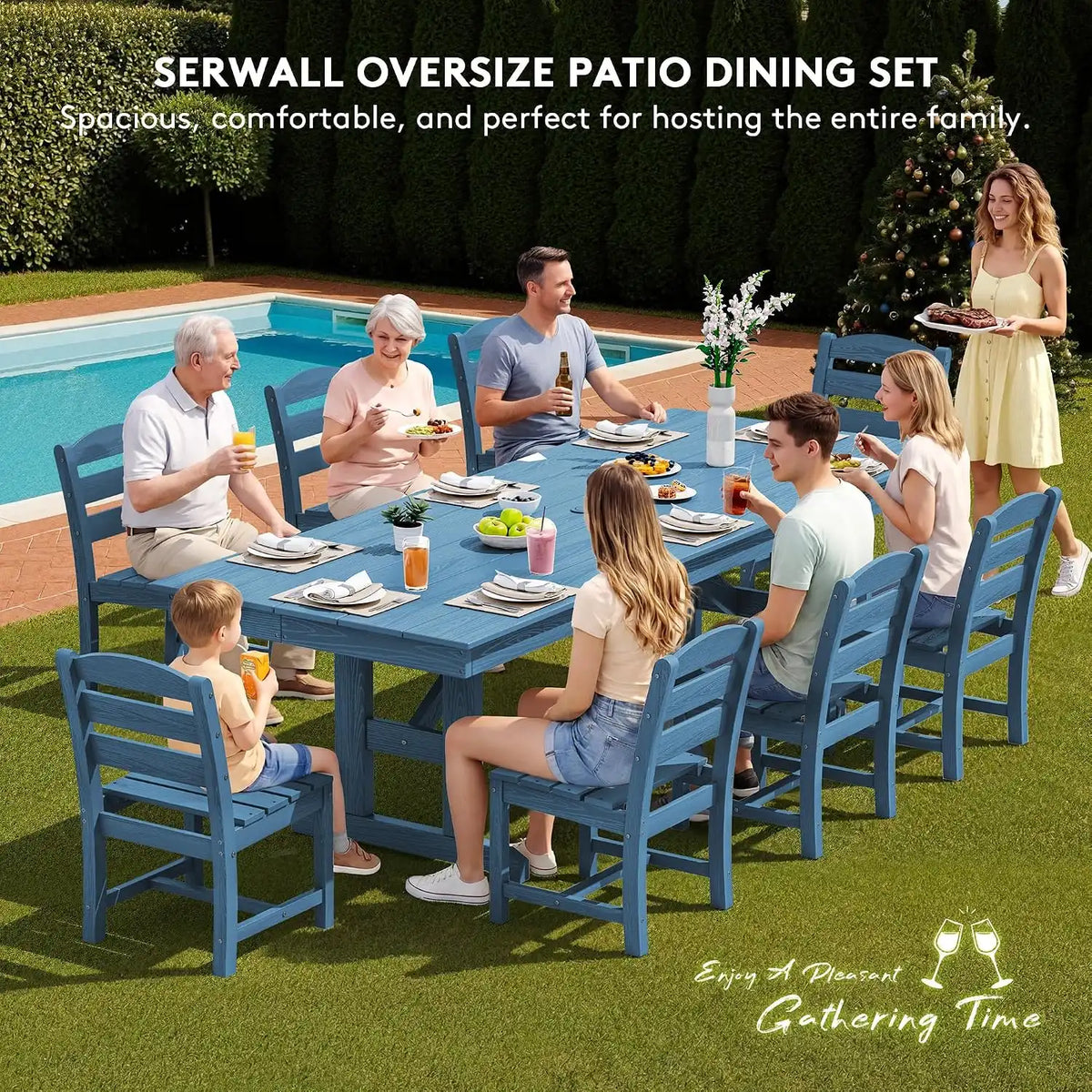 SERWALL Patio HDPE Armless Dining Chairs Set of 2, Navy