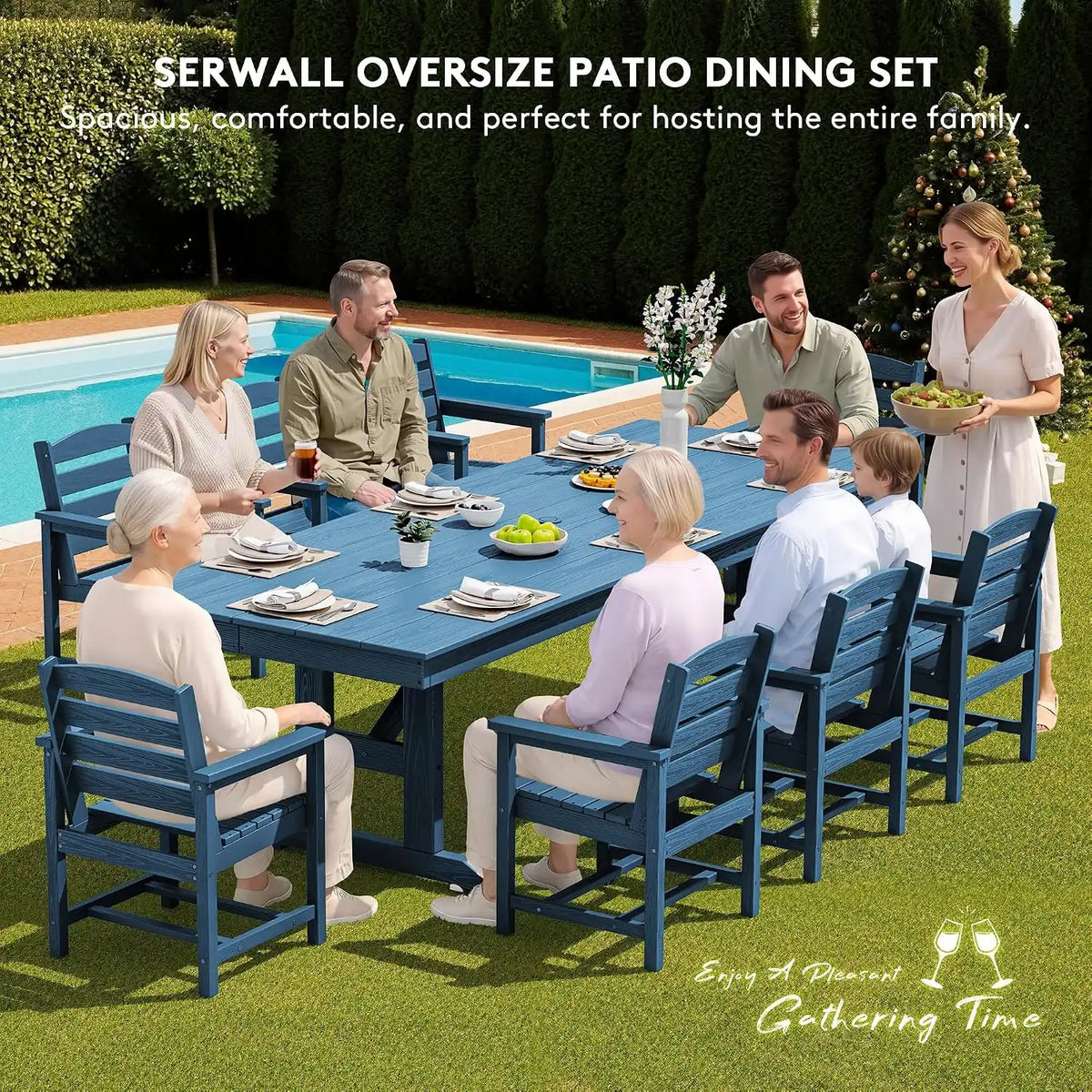 SERWALL 9Pcs 84" HDPE Outdoor Dining Set for 8 with Armchairs,Blue