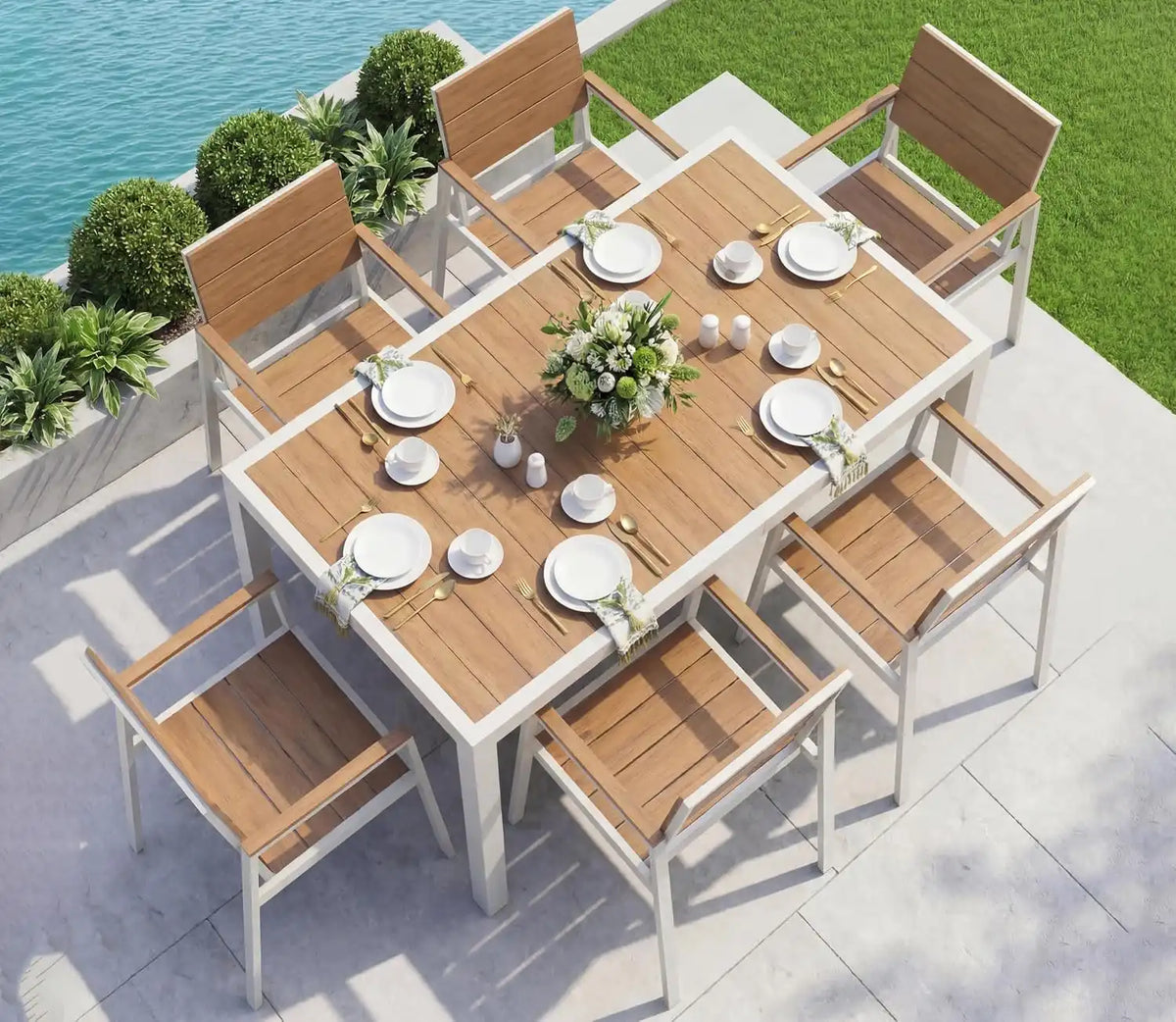 Vexwalx Outdoor Dining Set, Aluminum Dining Table Set for 6, Patio Table and Chairs Set with Umbrella Hole, All Weather HDPS Outdoor Table and Chairs for 6 (7-Piece, White-Teak)