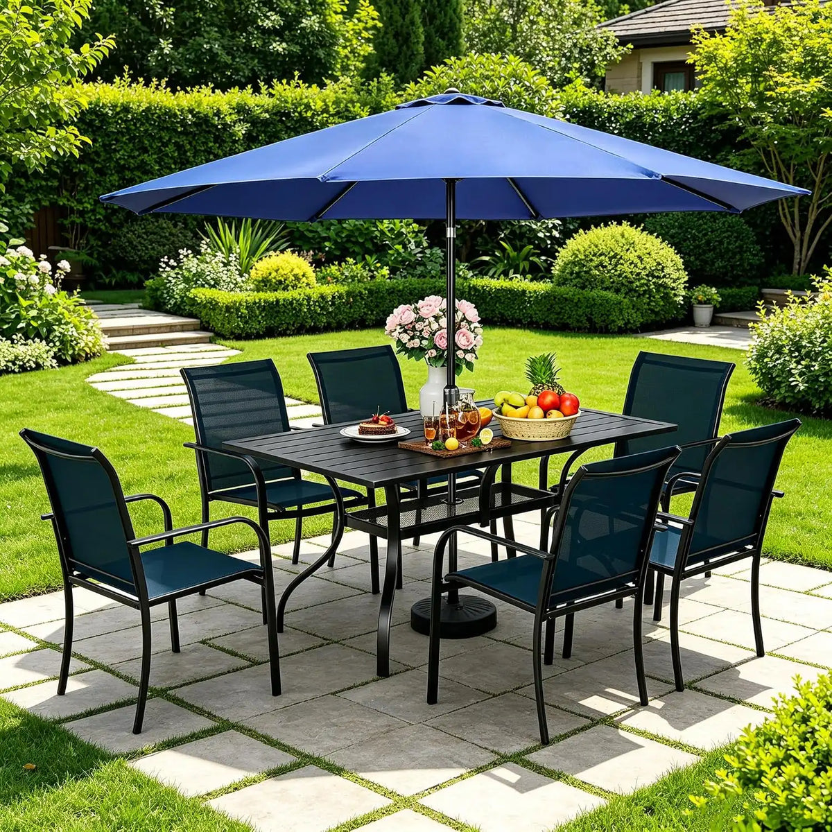 SUNCROWN 8 - Piece Outdoor Dining Set, Patio Furniture Set with 6 Textilene Dinning Chairs, 1 Rectangle Metal Table and 1 Dark Blue 9Ft Patio Umbrella for Lawn Garden Backyard Deck, Blue