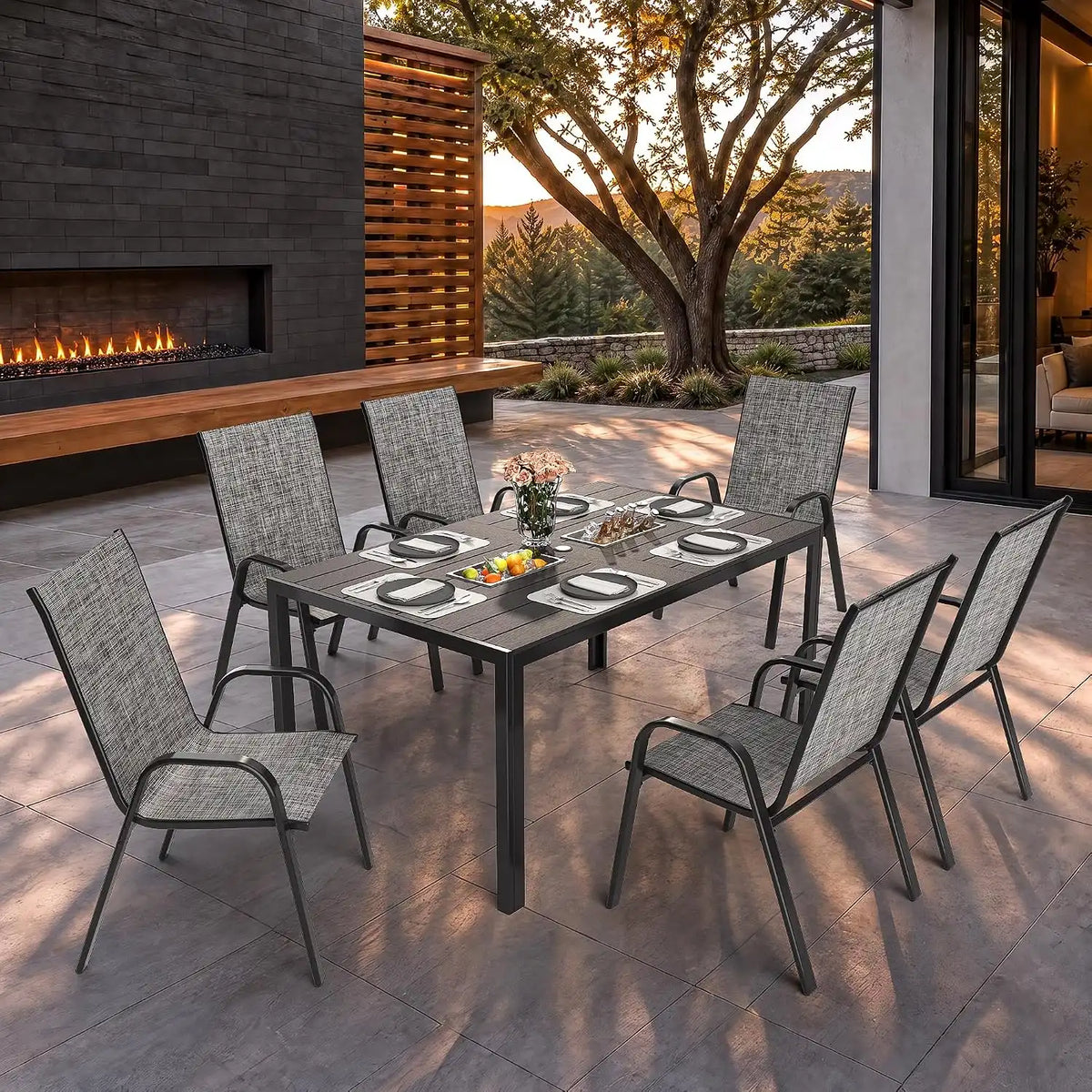 Pamapic Outdoor Dining Sets for 6 with 2 304 SS Ice Buckets, Rectangular Steel Slat Table with Textilene Chairs, 7 Piece Patio Table and Chairs Set with Umbrella Hole for Patio, Backyard (Grey)