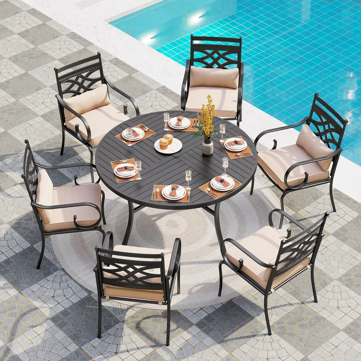 PHI VILLA Patio Dining Set, Round Metal Table