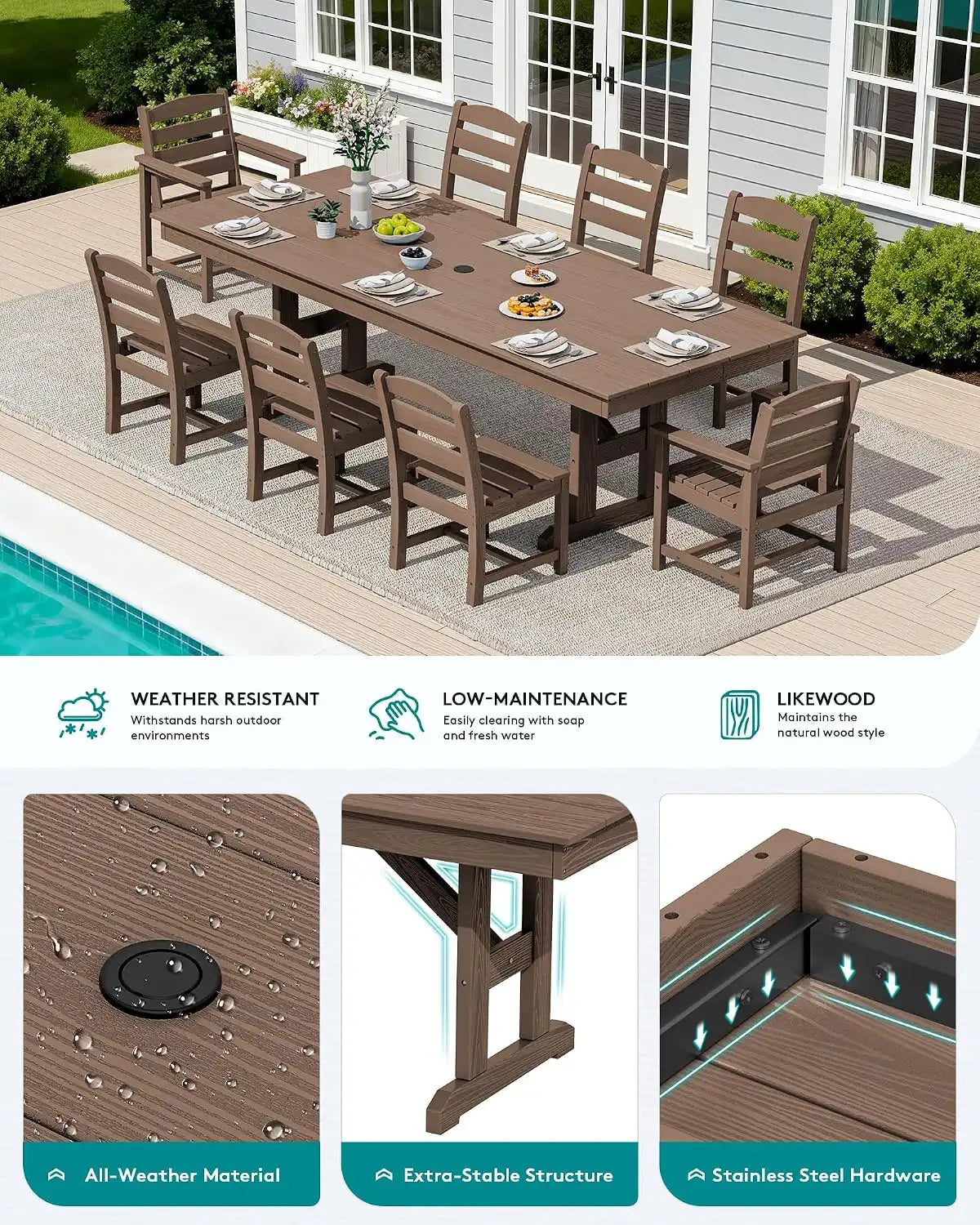 SERWALL 9Pcs HDPE Outdoor Dining Set w/6 Armless, 2 Armchairs for 8,Brown