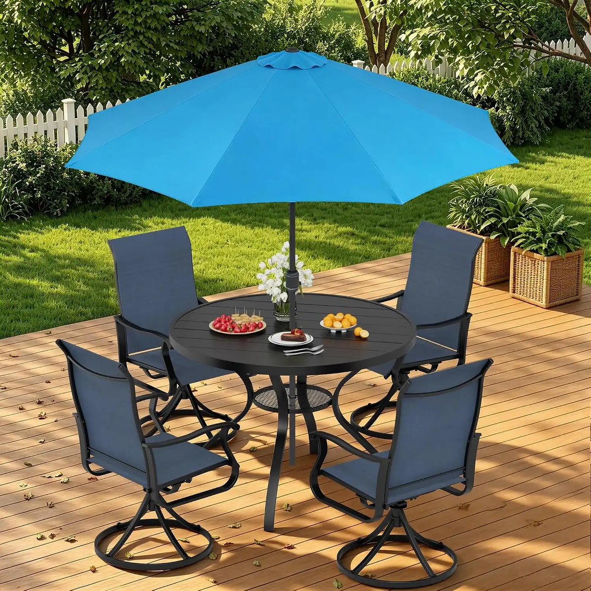SUNCROWN 6-Piece Outdoor Dining Set, All Weather Patio Furniture Sets with 4 Dark Blue Swivel Textilene Mesh Chairs & Round Metal Table & 1 Light Blue 9Ft Umbrella for Deck Garden Backyard Poolside