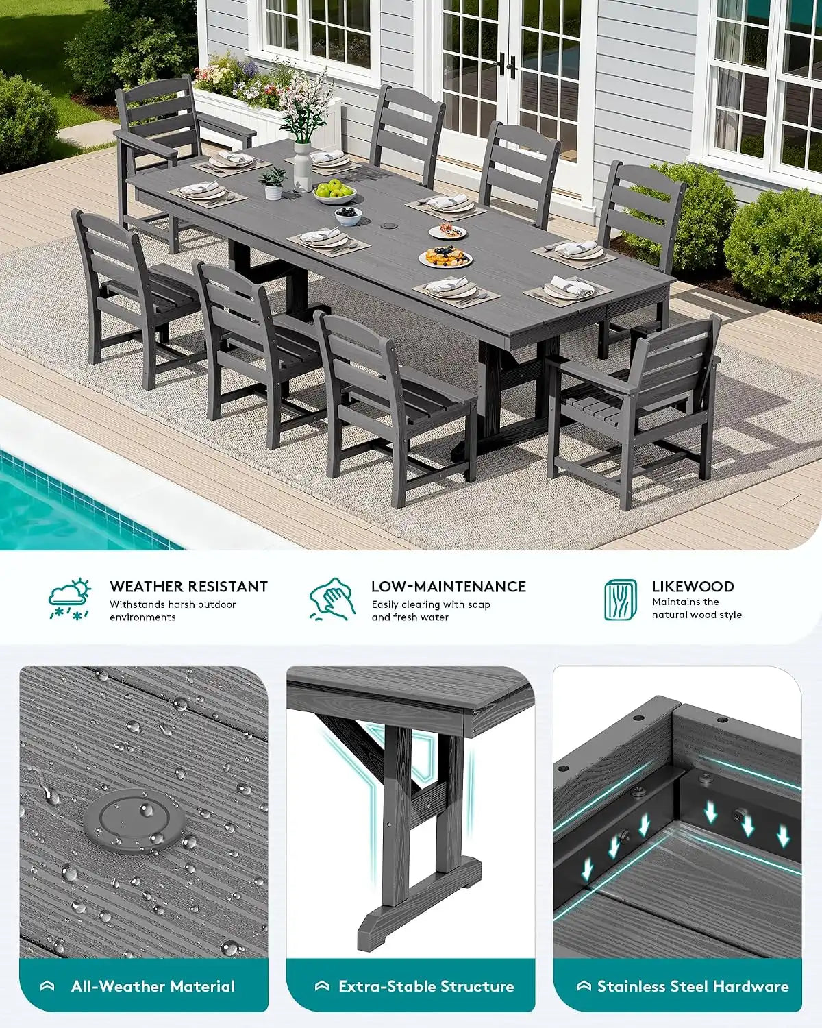 SERWALL 9Pcs HDPE Outdoor Dining Set w/6 Armless, 2 Armchairs for 8,Gray