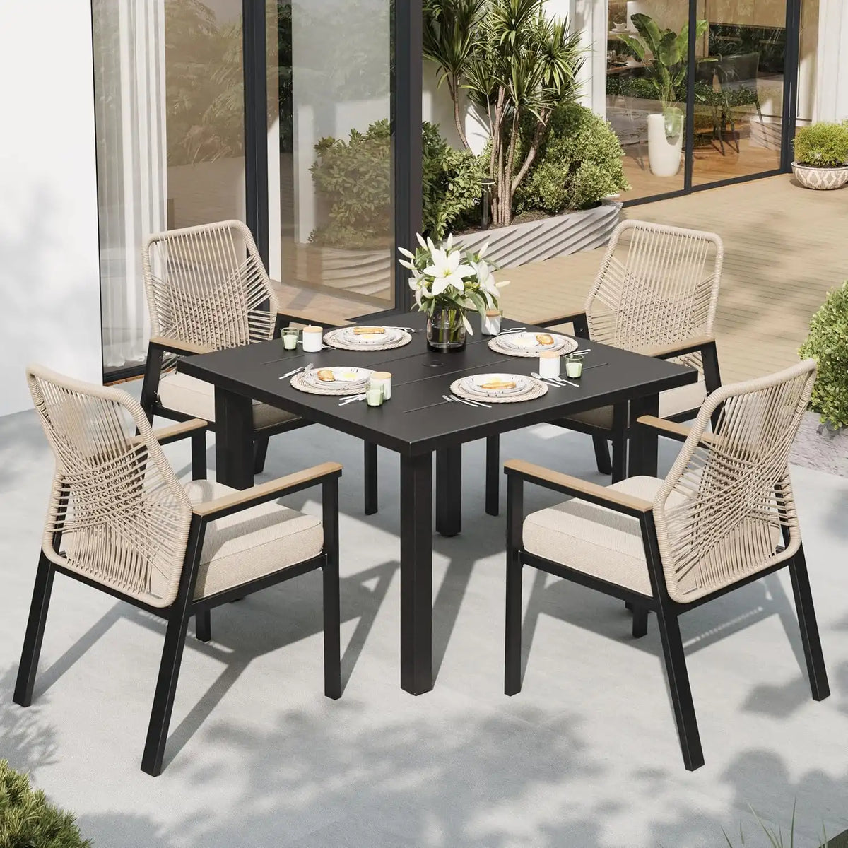 SUNSHINE VALLEY 5pc Patio Dining Set, 34.2" Square Table & 4 Rattan Chairs