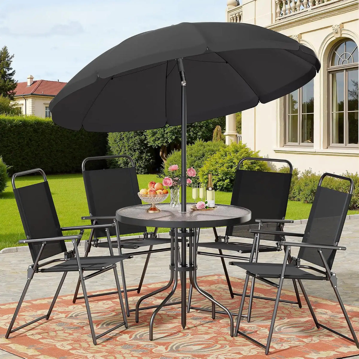 Shintenchi 6 Piece Patio Dining Set with Umbrella, Outdoor Furniture Set with 4 Folding Chairs and Tempered Glass Top Dining Table for Lawn Backyard Garden Porch, Black