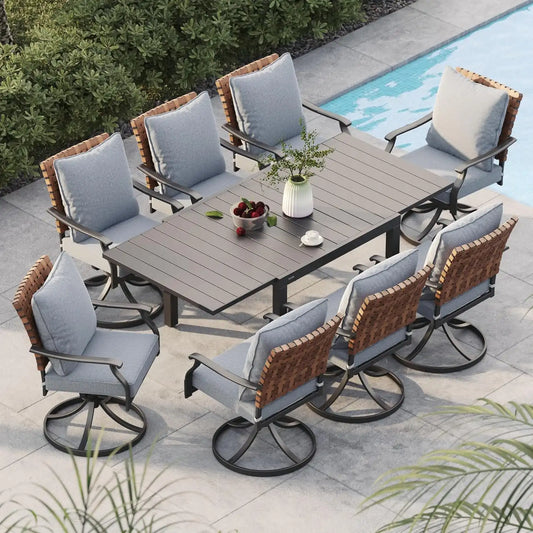 Grand patio 9-Pc Outdoor Swivel Dining Set, 8 Gray Chairs + Table, Black