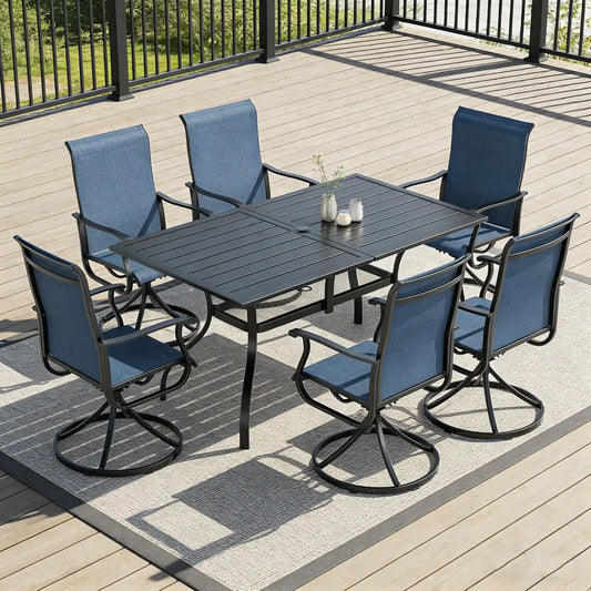 SUNCROWN 7-Piece Outdoor Patio Dining Set, All Weather Rectangular Metal Table & 6 Dark Blue Swivel Textilene Mesh Chairs, Weather Resistant Patio Furniture for Deck Lawn Garden Backyard Poolside