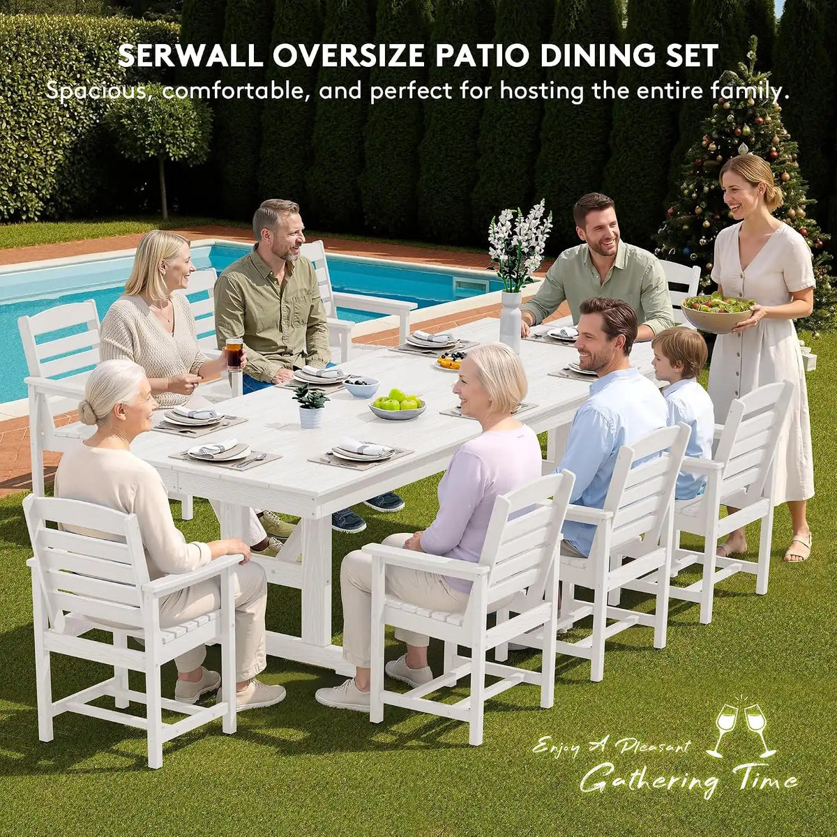 SERWALL Outdoor 84" HDPE Rectangular Dining Table for 6-8,All-Weather,White
