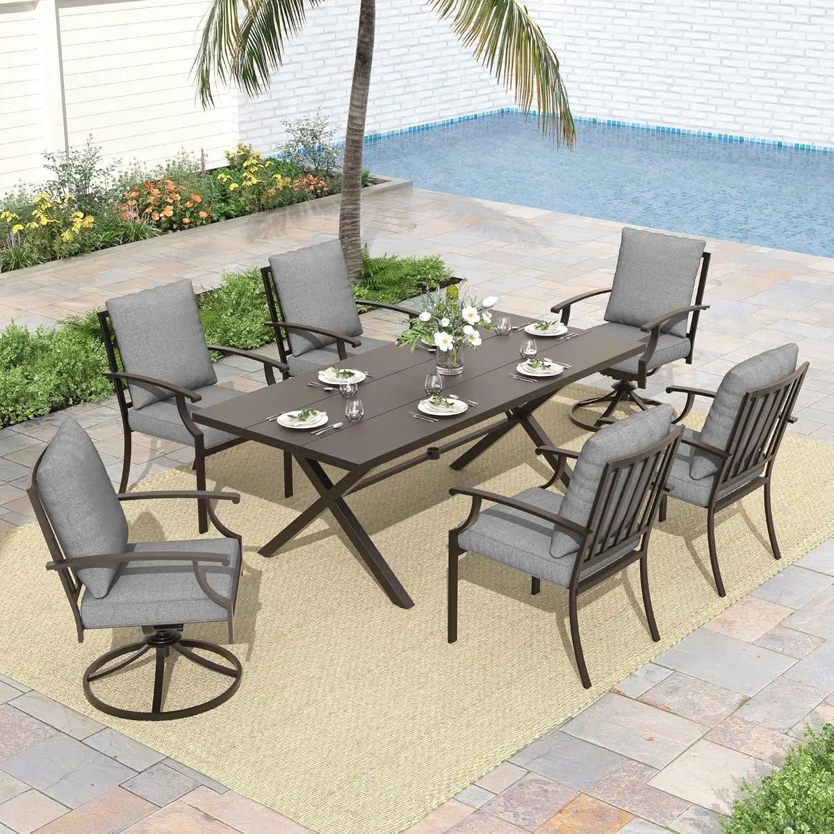 ALAULM 7-Piece Patio Dining Table and Chairs for 6 Outdoor Dining Set with 2 Swivel Chairs Patio Dining Sets with Rectangular Metal Table with Umbrella Hole for Patio, Backyard, Garden-Grey