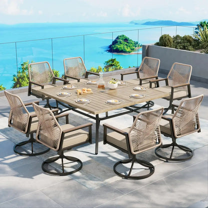 SUNSHINE VALLEY 9pc Patio Dining Set, 57.5" Square Table & 8 Swivel Chairs