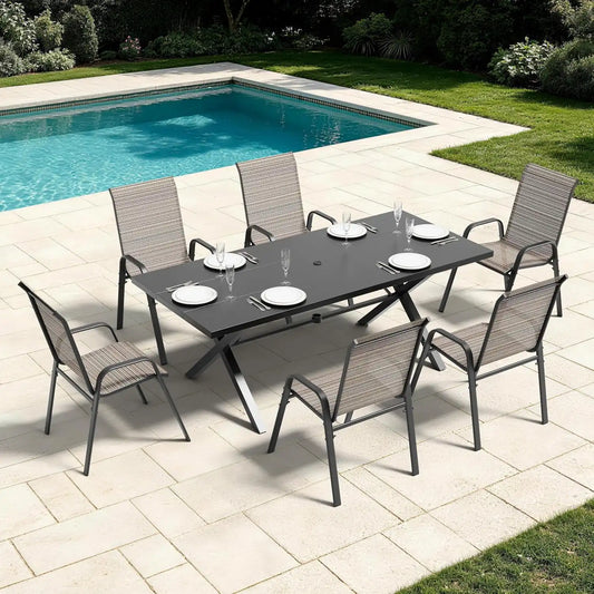 7 PCS Outdoor Patio Dining Set,Patio Table and Chairs Metal Outdoor Patio Furniture Set with Umbrella Hole,Dining Table Set with 6 Teslin Chairs for Deck,Backyard and Garden