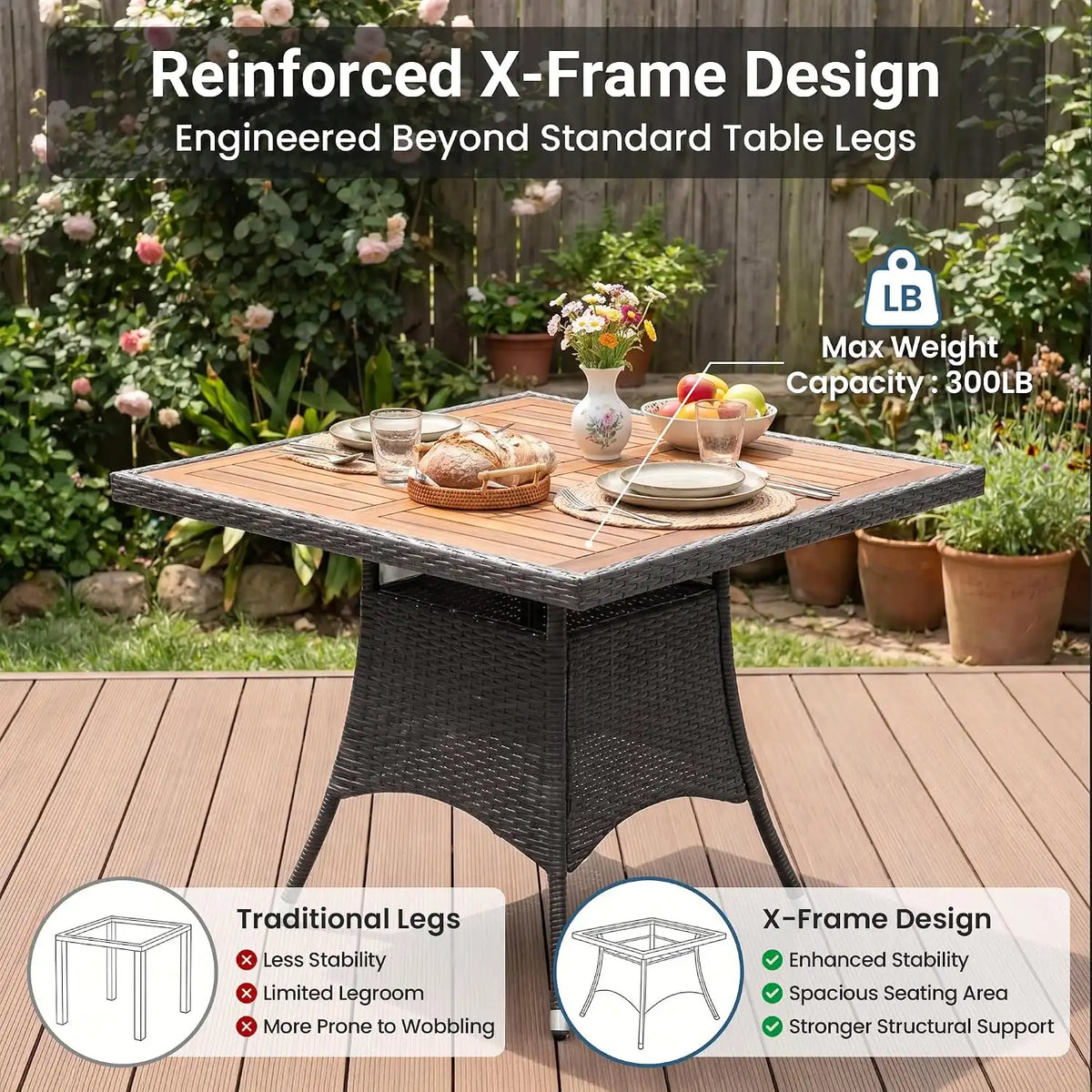 10-Pieces Ratton Patio Table and Chairs with Acacia Tabletop, Grey