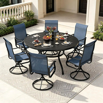 SUNCROWN 7-Piece Outdoor Patio Dining Set, All Weather Round Metal Table & 6 Dark Blue Swivel Textilene Mesh Chairs, Weather Resistant Patio Furniture for Deck Lawn Garden Backyard Poolside