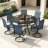 SUNCROWN 7-Piece Outdoor Patio Dining Set, All Weather Round Metal Table & 6 Dark Blue Swivel Textilene Mesh Chairs, Weather Resistant Patio Furniture for Deck Lawn Garden Backyard Poolside