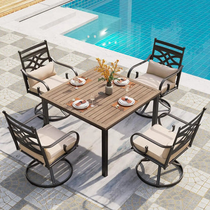 PHI VILLA Patio Dining Set, Swivel Chairs, Square Metal Table