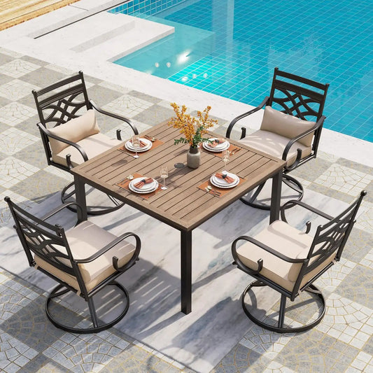 PHI VILLA Patio Dining Set, Swivel Chairs, Square Metal Table