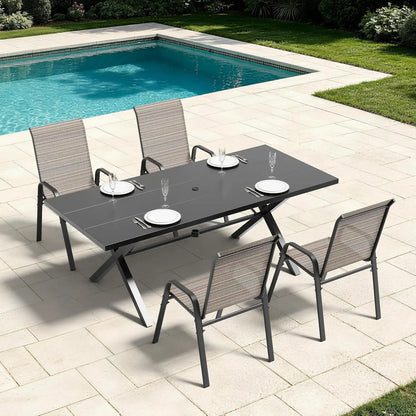 5 PCS Outdoor Patio Dining Set,Patio Table and Chairs Metal Outdoor Patio Furniture Set with Umbrella Hole,Dining Table Set with 4 Teslin Chairs for Deck,Backyard and Garden