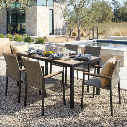 7 PCS Acacia Wood Patio Dining Set, Dark Grey Rattan