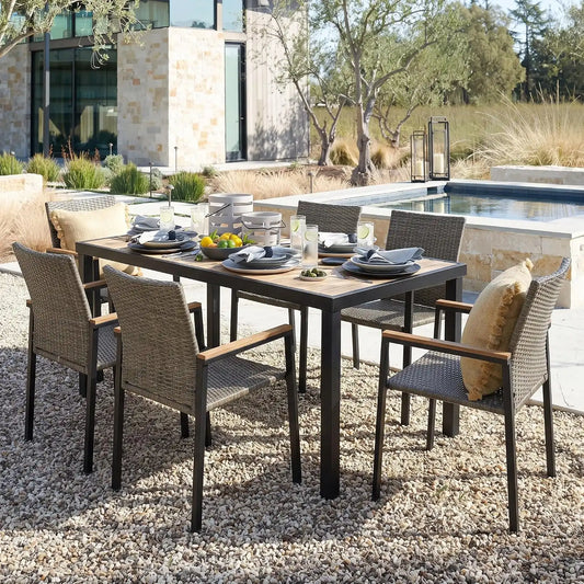7 PCS Acacia Wood Patio Dining Set, Dark Grey Rattan
