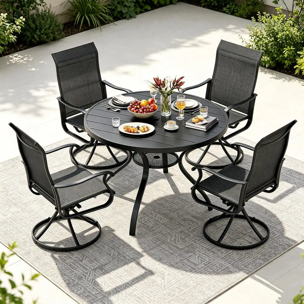 SUNCROWN 5-Piece Outdoor Patio Dining Set, All Weather Round Metal Table & 4 Black Swivel Textilene Mesh Chairs, Weather Resistant Patio Furniture for Deck Lawn Garden Backyard Poolside
