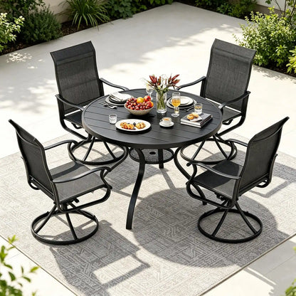 SUNCROWN 5-Piece Outdoor Patio Dining Set, All Weather Round Metal Table & 4 Black Swivel Textilene Mesh Chairs, Weather Resistant Patio Furniture for Deck Lawn Garden Backyard Poolside