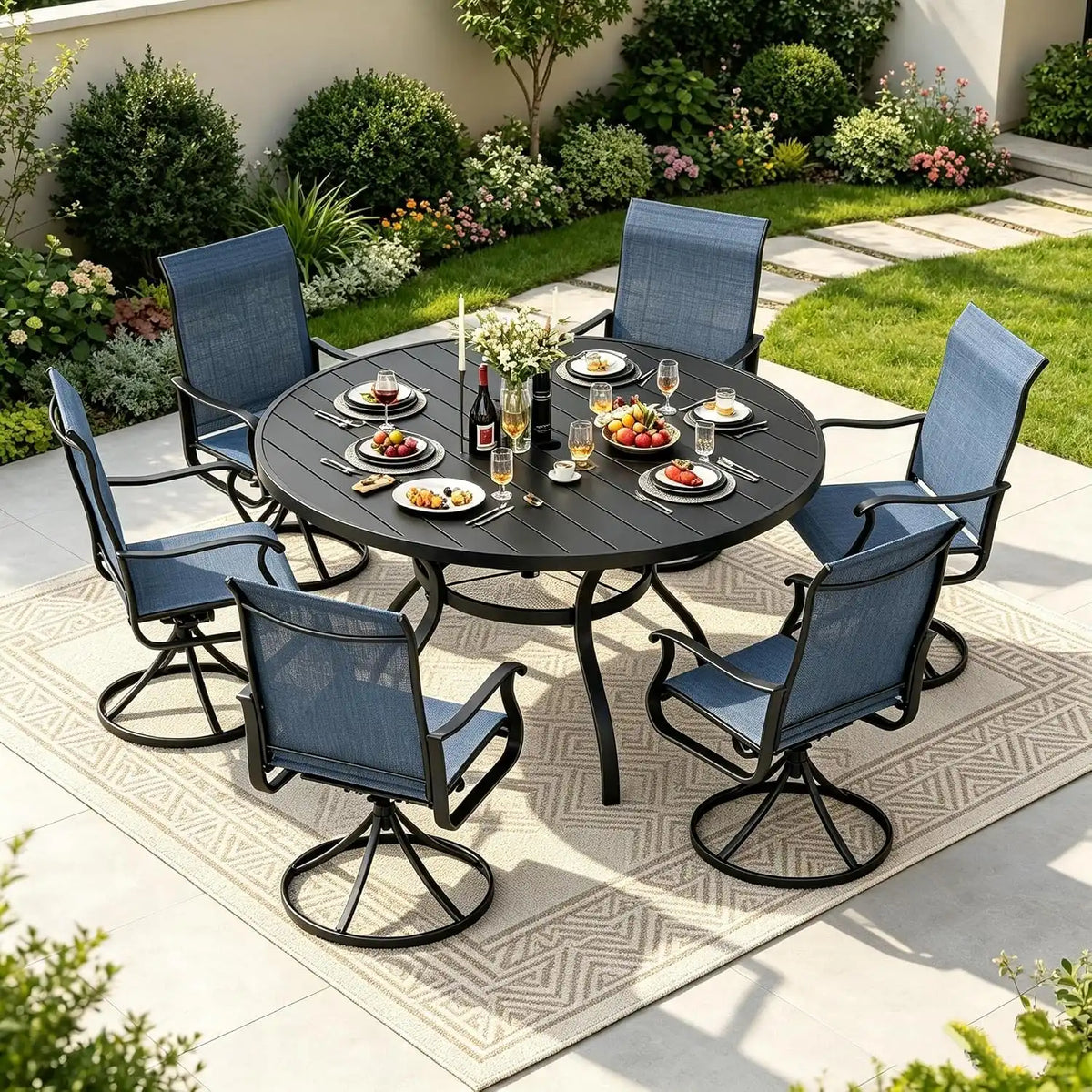 SUNCROWN 7-Piece Outdoor Patio Dining Set, All Weather Round Metal Table & 6 Dark Blue Swivel Textilene Mesh Chairs, Weather Resistant Patio Furniture for Deck Lawn Garden Backyard Poolside
