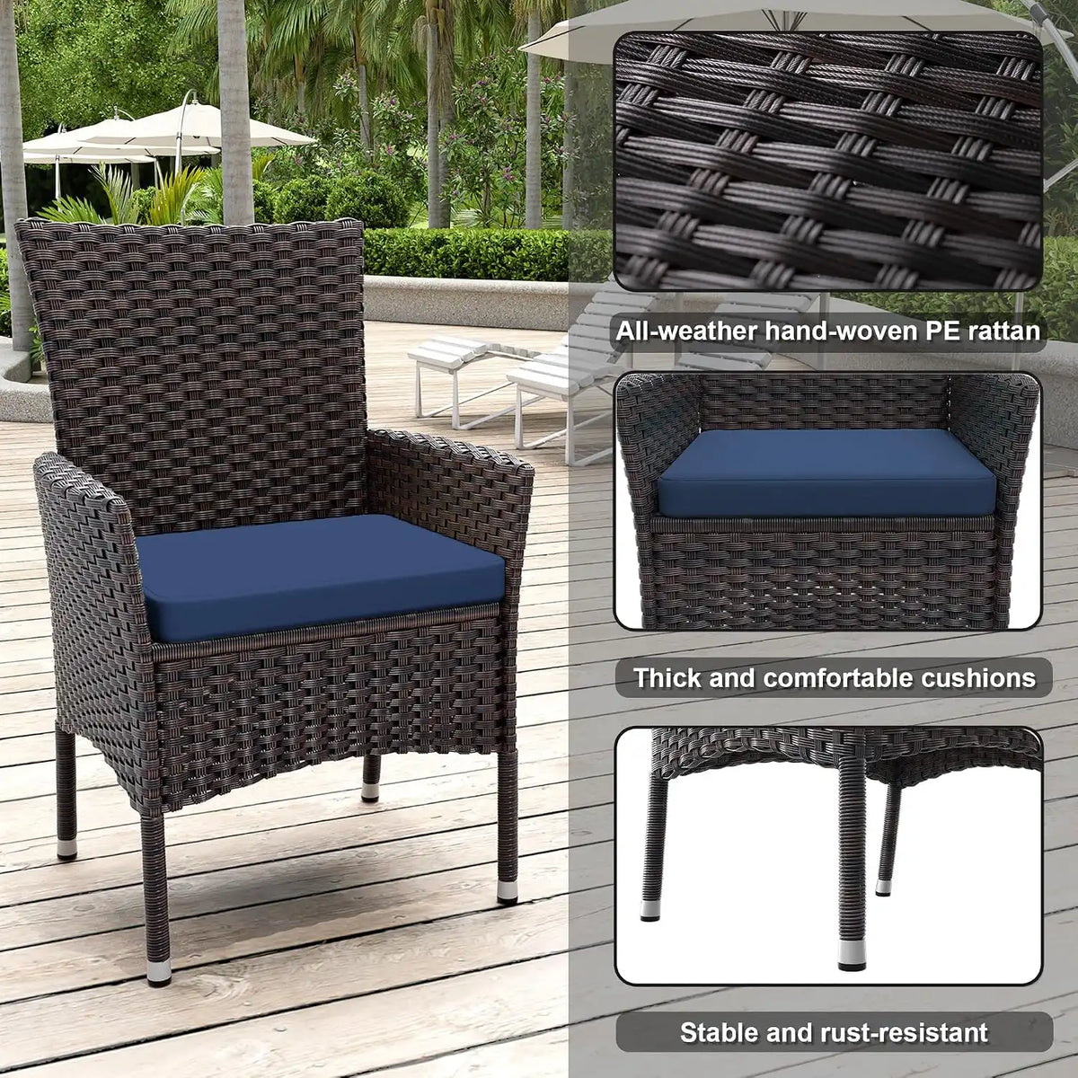 ALAULM 5 Piece Patio Dining Set All-Weather Wicker Outdoor Furniture Set w/Tempered Glass Tabletop, Removable Cushions and Umbrella Hole for Patio, Backyard, Garden, Poolside（Navy）