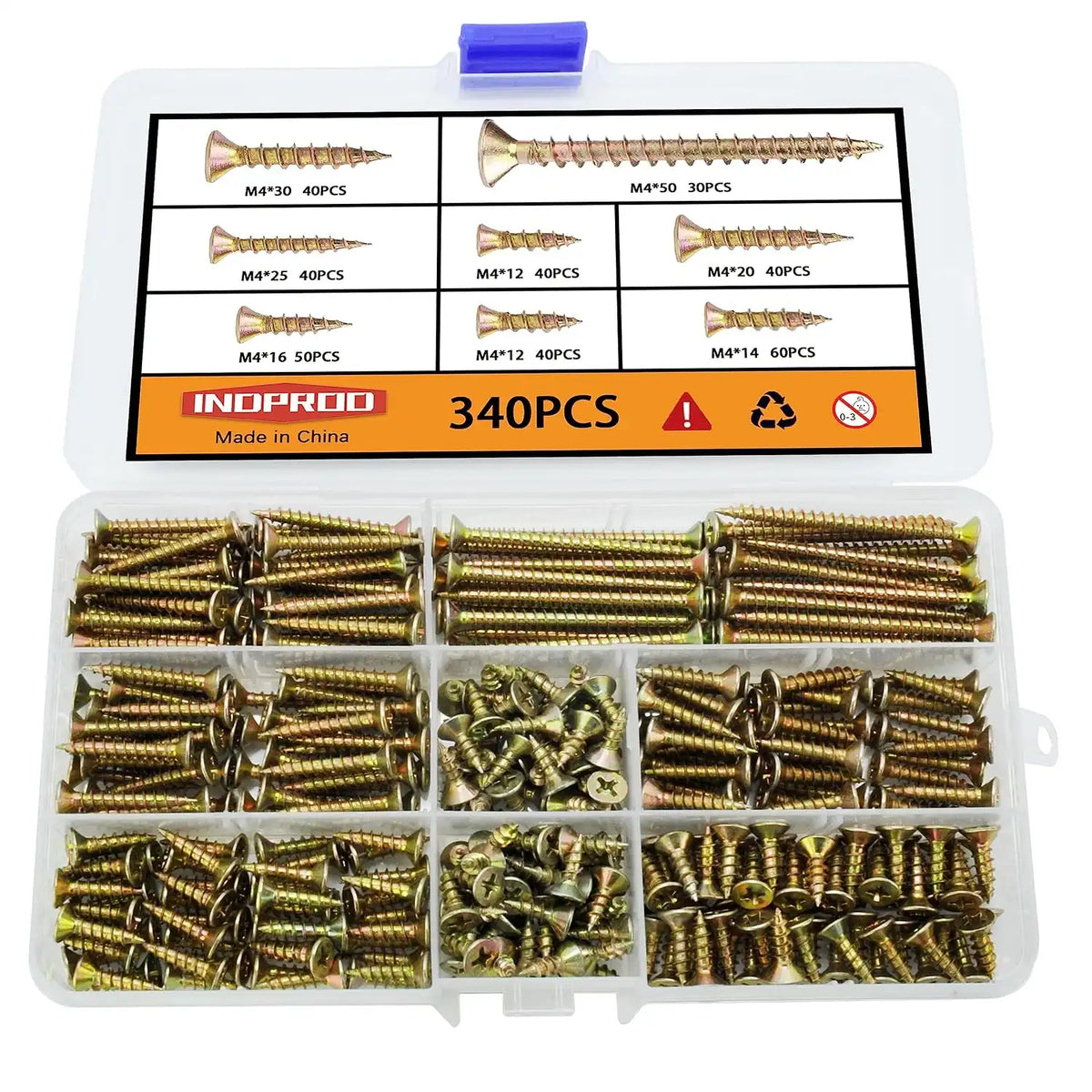 M4 Flat Head Wood Screws Assortment Kit 340 Pcs,Phillips Drive Countersunk Flat Head Self-Tapping Wood Screws,Yellow Zinc Plated Finish Screw Kit,Self Tapping Screws for Metal,Full Thread
