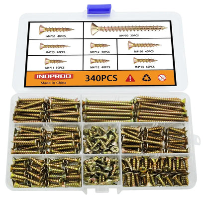 M4 Flat Head Wood Screws Assortment Kit 340 Pcs,Phillips Drive Countersunk Flat Head Self-Tapping Wood Screws,Yellow Zinc Plated Finish Screw Kit,Self Tapping Screws for Metal,Full Thread