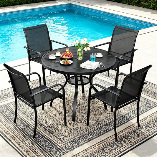 SUNCROWN 5 - Piece Outdoor Dining Set, Patio Furniture Set with 4 x Textilene Dinning Chairs and 41" Metal Round Table with Umbrella Hole for Lawn Garden Backyard Deck, Black