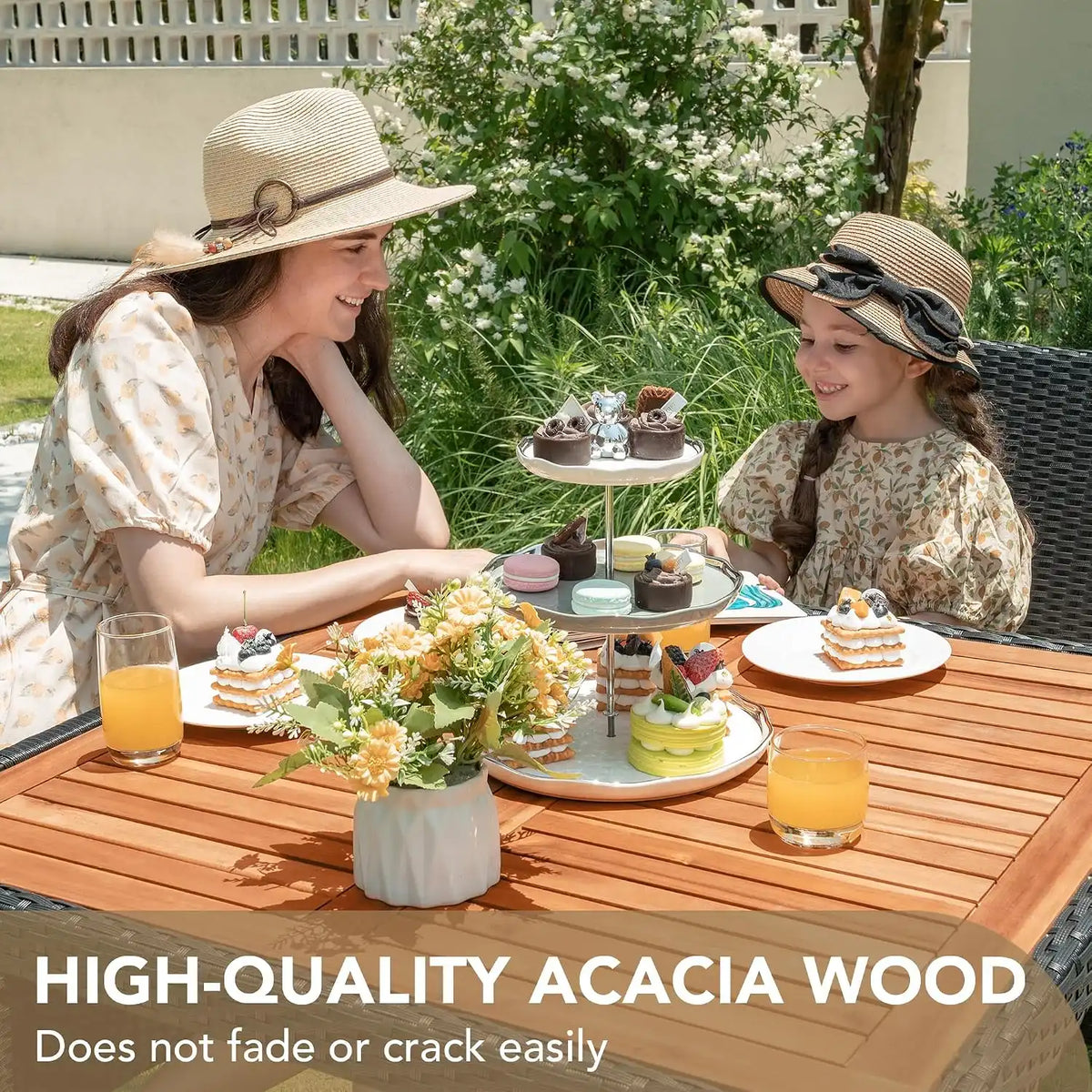 Devoko 5 PCS Acacia Wood Patio Dining Set, Black Rattan