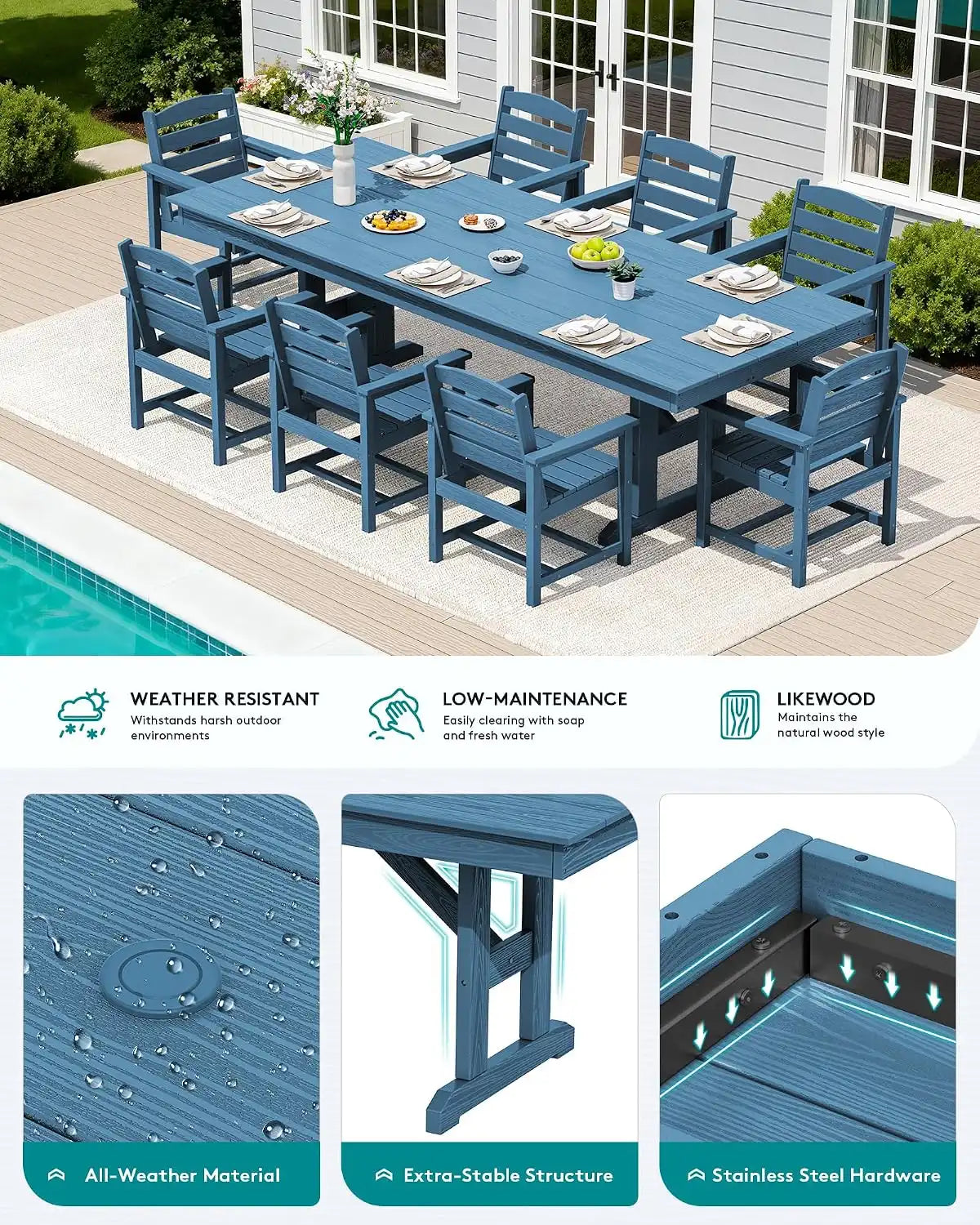 SERWALL 9Pcs 84" HDPE Outdoor Dining Set for 8 with Armchairs,Blue