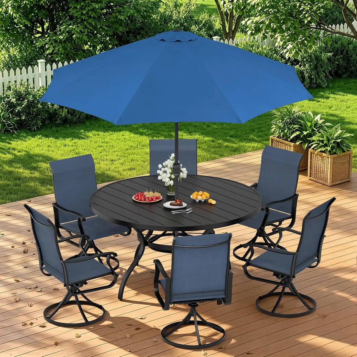 SUNCROWN 8-Piece Outdoor Dining Set, All Weather Patio Furniture Sets with 6 Dark Blue Swivel Textilene Mesh Chairs & Round Metal Table & 1 Dark Blue 9Ft Umbrella for Deck Garden Backyard Poolside