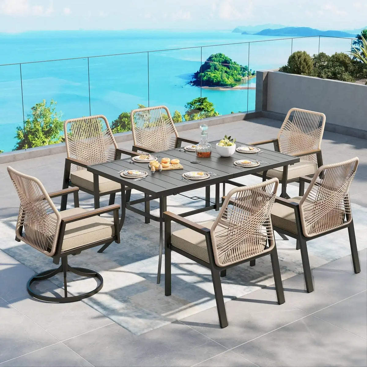 SUNSHINE VALLEY 7pc Patio Dining Set, 59" Metal Table & 6 Rattan Chairs