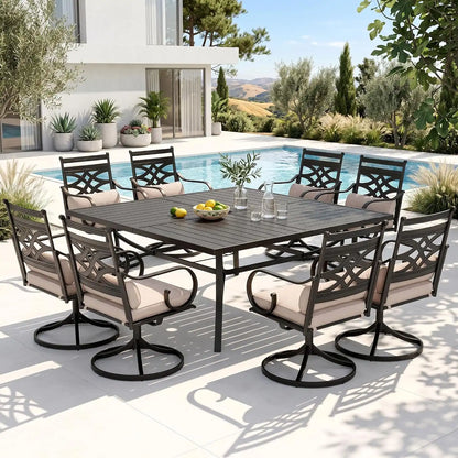 PHI VILLA 9 Piece, Outdoor Dining Set, 57.5" Square Table, Black