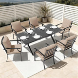 7 PCS Outdoor Patio Dining Set,Patio Table and Chairs Metal Outdoor Patio Furniture Set with Umbrella Hole,Dining Table Set with 6 Chairs for Deck,Backyard and Garden,Brown