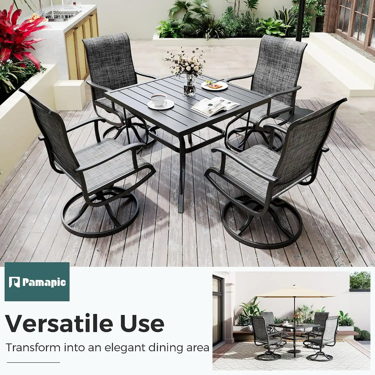 5-Piece Outdoor Dining Set, All Weather Patio Table and Chairs Set with Umbrella Hole for 4, Outdoor Table and 4 Textilene Swivel Chairs for Backyard, Poolside, Deck, Grey