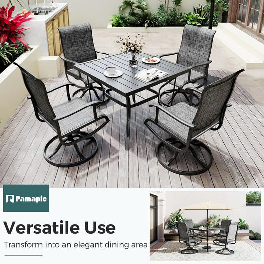 5-Piece Outdoor Dining Set, All Weather Patio Table and Chairs Set with Umbrella Hole for 4, Outdoor Table and 4 Textilene Swivel Chairs for Backyard, Poolside, Deck, Grey
