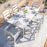 THOEOE 7 Pieces Outdoor Table and Chairs, 70" HDPE Dining Set for 6, White