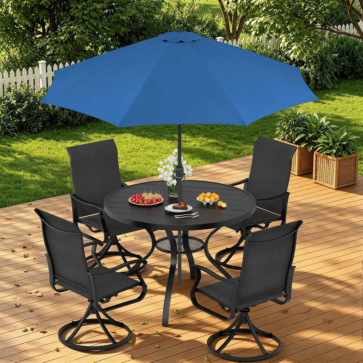 SUNCROWN 6-Piece Outdoor Dining Set, All Weather Patio Furniture Sets with 4 Black Swivel Textilene Mesh Chairs & Round Metal Table & 1 Dark Blue 9Ft Umbrella for Deck Garden Backyard Poolside