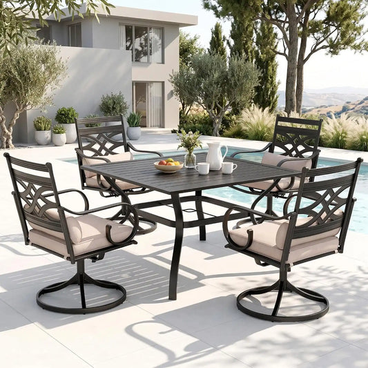 PHI VILLA Patio Dining Set, Swivel Chairs, Square Metal Table