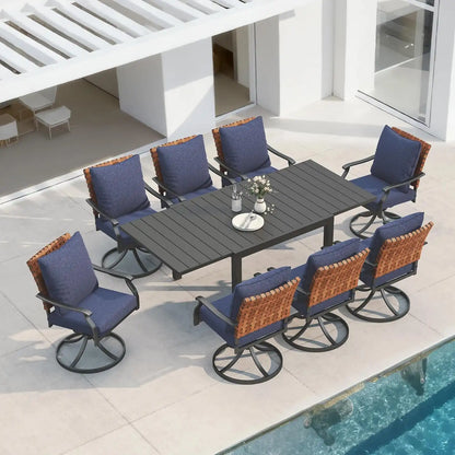 Grand patio 9-Pc Outdoor Swivel Dining Set, 8 Blue Chairs + Table, Black