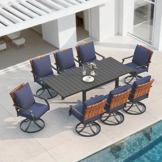 Grand patio 9-Pc Outdoor Swivel Dining Set, 8 Blue Chairs + Table, Black