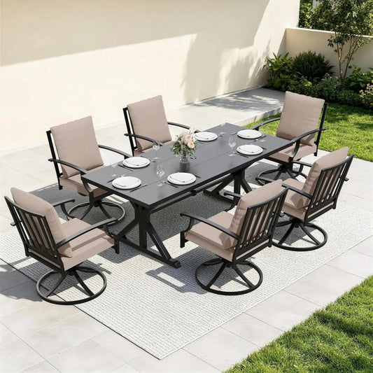 7 Pieces Outdoor Patio Dining Set,Patio Table and Chairs Metal Outdoor Patio Furniture Set with Umbrella Hole,Dining Table Set with 6 Swivel Chairs for Deck,Backyard and Garden,Brown
